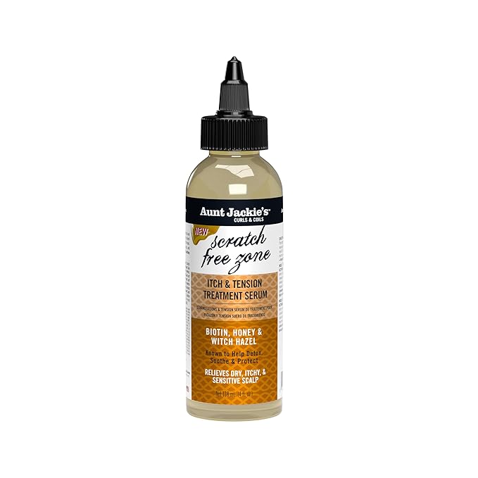 Aunt Jackie's Braid + Twist Collection Scratch Free Zone Itch & Tension Treatment Serum – Relieve Dry, Itchy Scalp with Witch Hazel, Biotin, and Honey – 4 fl oz
