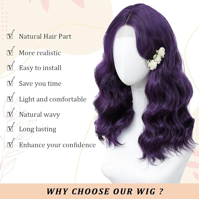Purple Wig for Women, 18 Inch Middle Part Wavy Curly Wigs Synthetic Heat Resistant Soft deep wave Wig for Women Daily Use (Purple, 18 Inch)