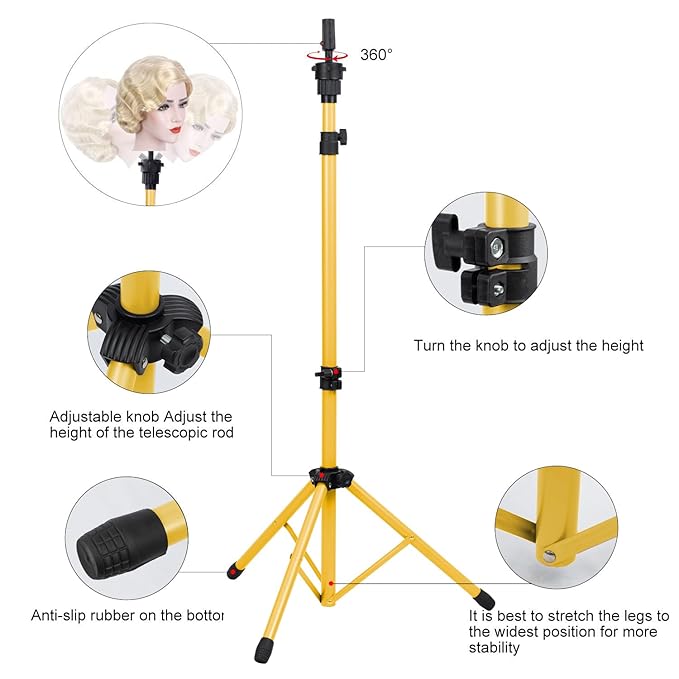 Klvied Reinforced Wig Head Stand, Adjustable Wig Stand tripod for Cosmetology Hairdressing, Metal Mannequin Head Stand for Styling,Golden Yellow(Mannequin Head Not Included)