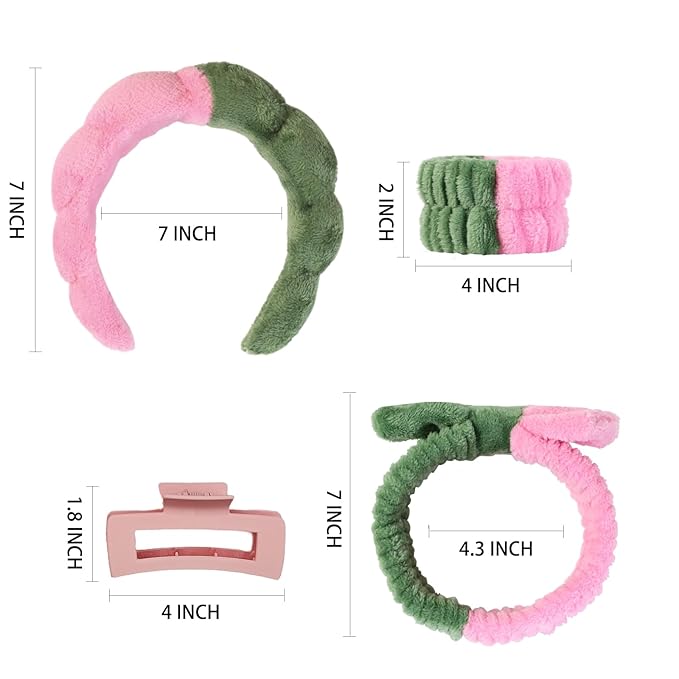 7 Pcs Spa Set, Facial Headband and Wristband Set, Skincare Accessories, College Style Girl Idea Gifts, Hair Accessories for Women and Girls（Pink Green）