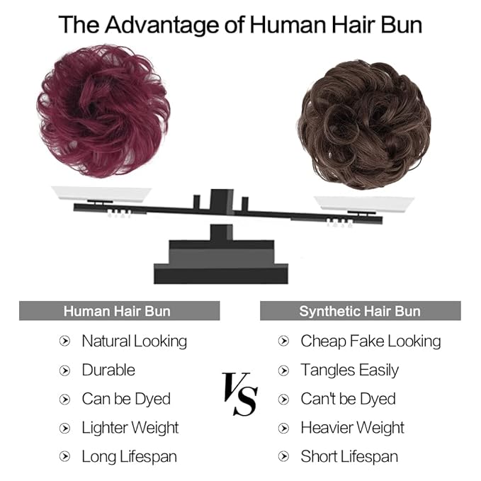 FESHFEN Human Messy Buns - 100% Human Hair Bun Real Scrunchies Hair Pieces Ponytail Extensions Wavy Tousled Updo Chignon Hairpieces for Women, Wine Red