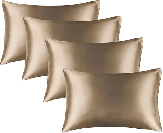 BEDELITE Satin Pillowcase for Hair and Skin, Super Soft Similar to Silk Pillow Cases 4 Pack with Envelope Closure, Cooling Pillowcases for Women Men (20"x30" Queen Size, Tawny Brown)