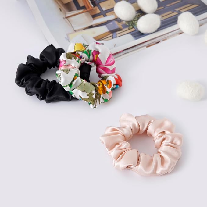 19Momme Silk Scrunchie Thick Hair Ties for Curly Hair, No Slip Hair Bands for Women, Vintage Satin Hair Accessories (Light Summer Blossoms)