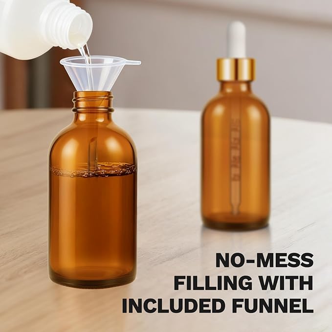 Bumobum Dropper Bottle 2 oz, 2 pack Amber Glass Eye Dropper Bottles with Golden Cap, Labels and Funnel, Tincture Bottle with Measured Cosmetic Dropper - Leakproof Essential Oils Bottles
