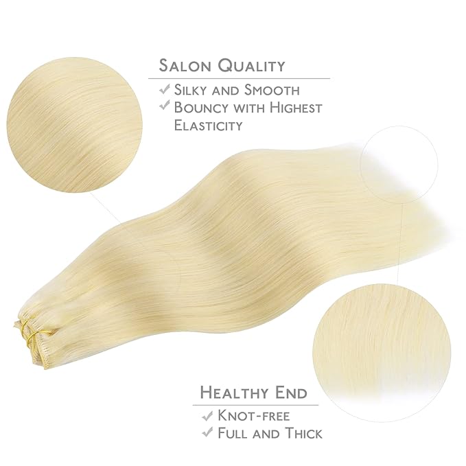 WENNALIFE Clip-in Hair Extensions, 150g 16 Inch 9pcs Bleach Blonde Human Hair Extensions Thicker Real Human Hair Clip Set Double Weft