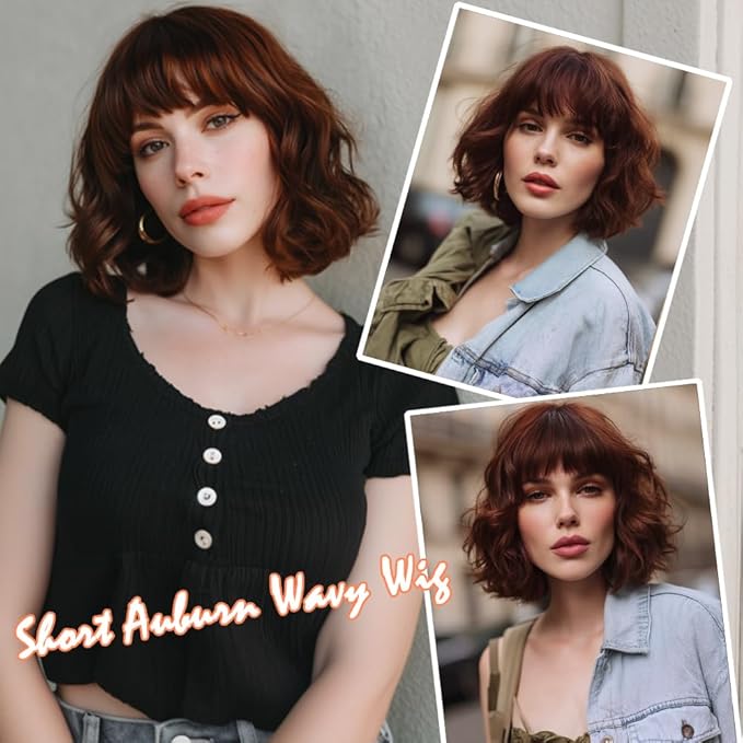 Short Auburn Wigs for Women Dark Ginger Wig with Bangs Wigs Natural Looking Curly Hair Medium Length Synthetic Bob Wig Wavy Colorful Wigs（14 Inches）