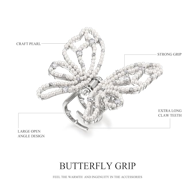 Pearl Butterfly Artificial Crystal Vintage Hair Claw Clip for women, Hand-set Cubic Zirconia Hair Barrette, SHE'S FREE STYLE JUST FOR YOU [Barbier Series]Sparkly Gorgeous Hair Clips for Wedding gift