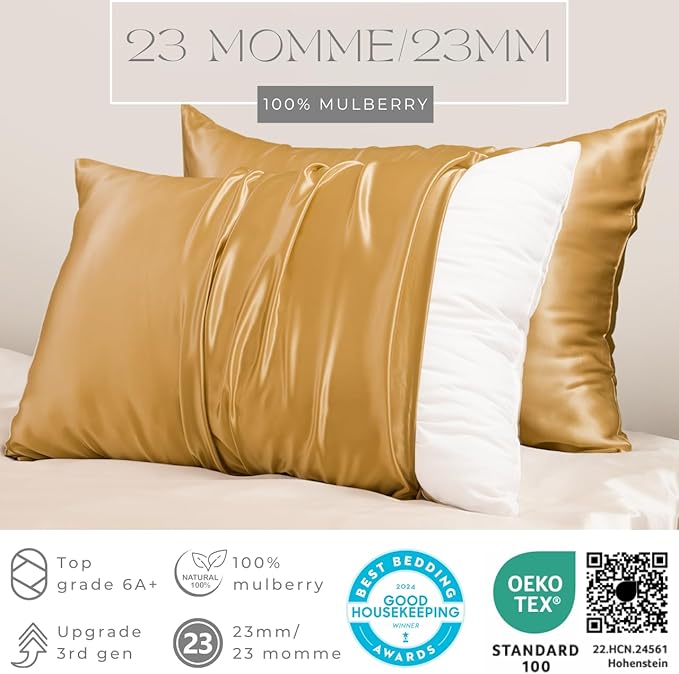 PROMEED 23 Momme Mulberry Silk Pillowcase for Hair and Skin - Both Sides Premium Natural Silk Pillow Case, Grade 6A+ Soft Cooling Pillow Cases, 1pc (Queen 20"x30", Gold)