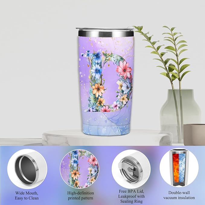 Personalized Gifts Monogrammed Birthday Gifts for Women, Boss Teacher Appreciation Christmas Initial 20 oz Tumbler, Makeup Bag Cup Ballpoint Pens Journal Notebook 6 Set, (Aesthetic Purple Flower D)