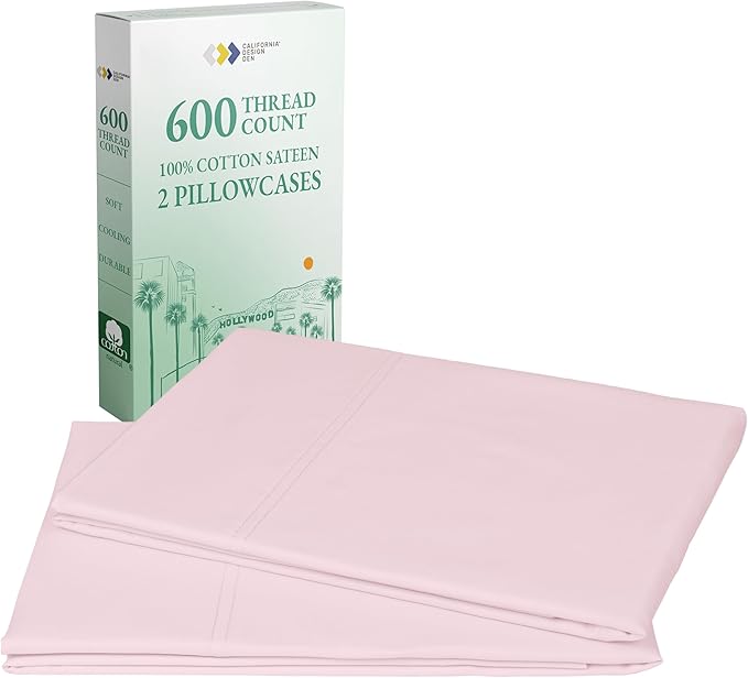 California Design Den Luxuriously Soft Premium 600 Thread Count, 100% Cotton Set of 2 Cases, Crisp Blush Standard Pillowcases Fits Standard & Queen Pillows (Blush Pink)