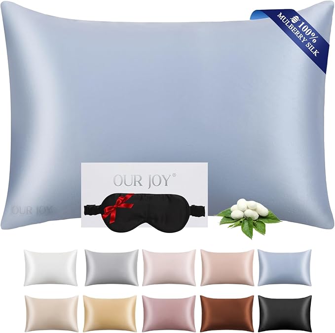 100% Mulberry Silk Pillowcase 22 Momme (SGS Certified) with Free Silk Eye Mask - Luxury Gift-Ready Folded Packaging, Cooling Pillow Cover for Hair & Skin Care (Ash Blue, Standard (1 Pack))