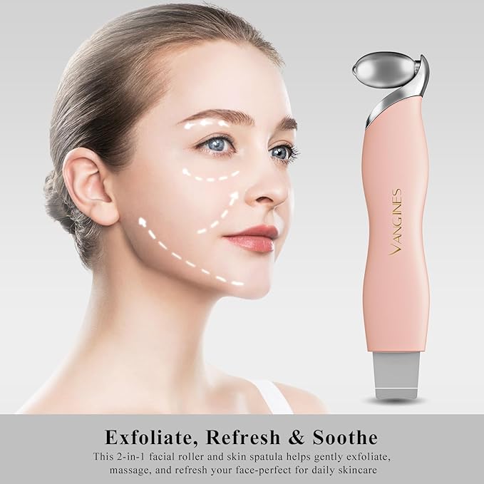 Blackhead Scraper Tool & Skin Scrubber Face Spatula for Blackhead Removal, Pore Cleaning, with Cooling Ice Roller & 2 Silicone Brush Heads (Dusty Rose)