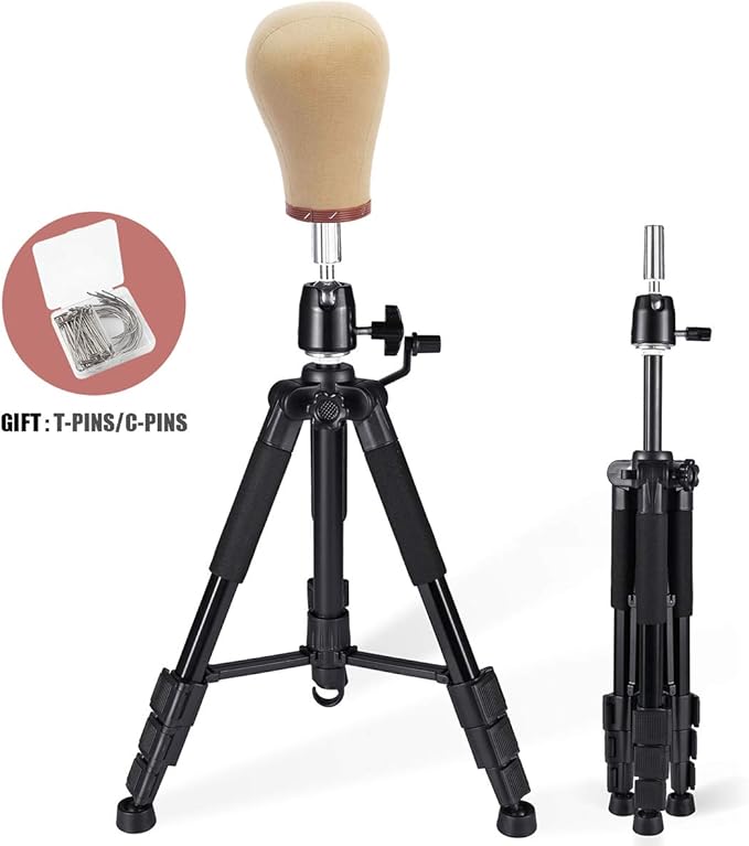 Wig Stand Tripod with Non-Slip Base Adjustable Mannequin Head Stand with Hook Heavy Duty Manikin Head Tripod