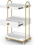 Barber Salon Trolley Cart w/Lockable Wheels, 3-Tier Rolling Beauty Cart with 2 Drawers & Dryer Holder, Mobile Beauty Trolley for Beauty Spa Barbershop(White)