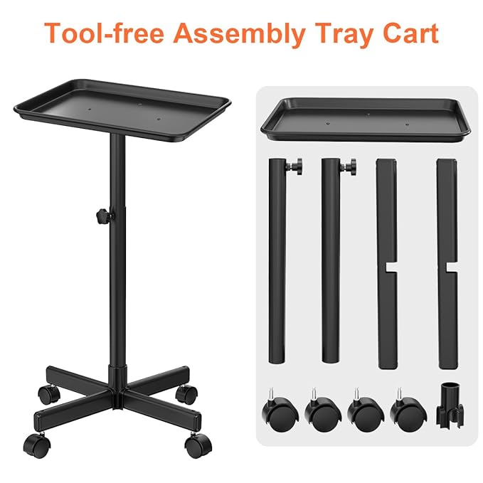 JOSTZHXIN Salon Rolling Tray, Premium Aluminum Tattoo Tray, Salon Rolling Cart Adjustable Height, SPA Service Rolling Trolley Tray for Beauty Hairstylist Dental Clinic,Black