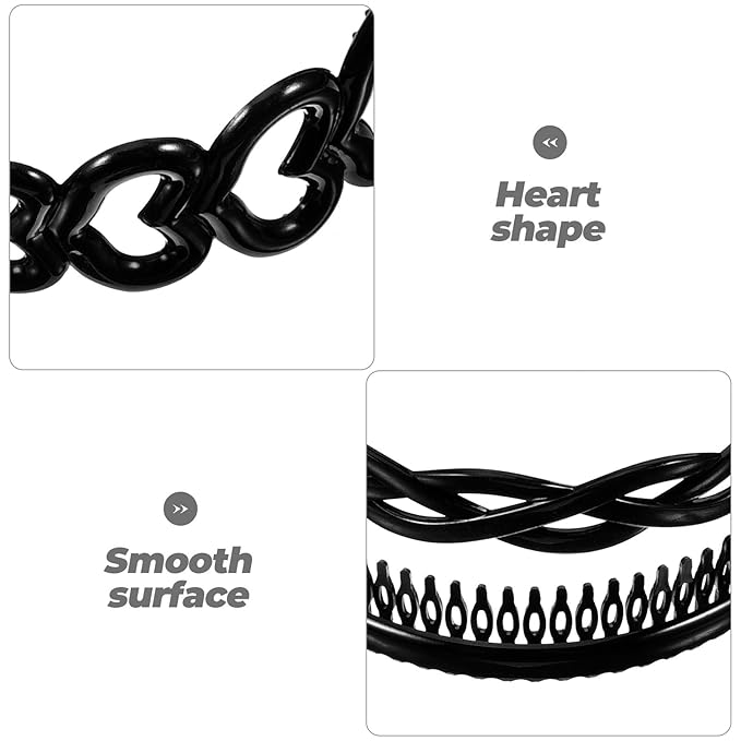 Non-Slip Plastic Hairbands Set 8 Pieces with Wavy Teeth and Smooth Medium-Large Sizes for Women and Unisex Use, Black Hair Hoop Accessories for Sports and Facial Care
