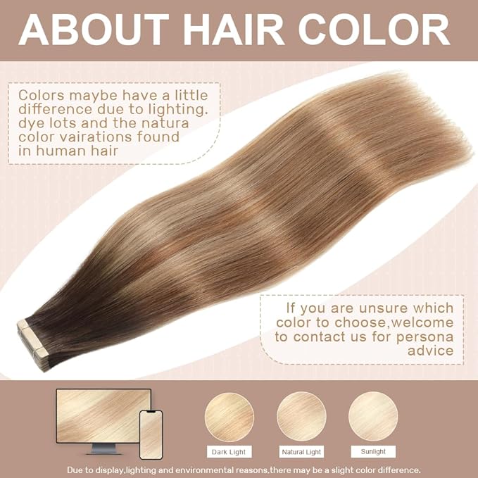 Tape in Hair Extensions Human Hair Chestnut Brown to Mixed Dirty Blonde 22 Inch 20Pcs Tape Ins for Women Straight Invisible Seamless Remy