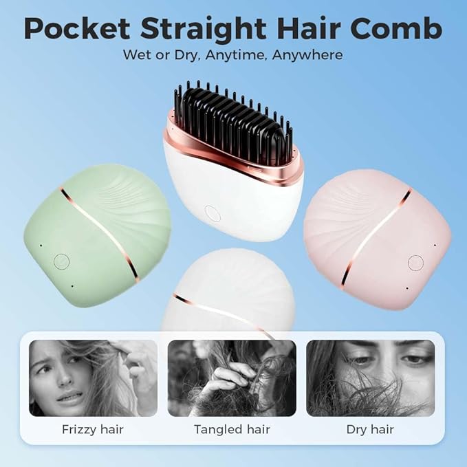 Mini Straightener,Portable Fast Heating Hair Straightener Comb with Mirror,Wireless 2-in-1 Hairs Dressing Combs for Home Travel Gift,Straight Hair Comb with 3 Adjustable Temperatures (Pink)