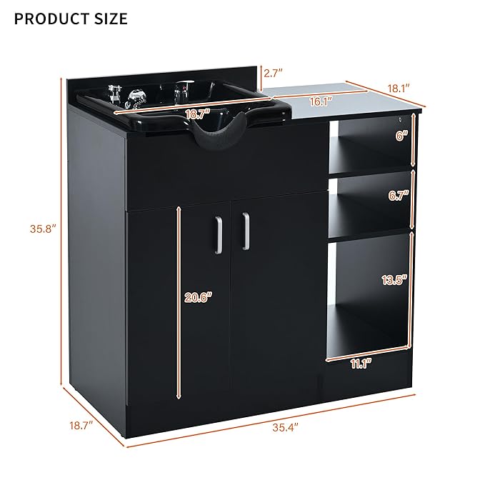 Shampoo Backwash Station for Salons,Salon Station with Shampoo Bowl & Storage Layer,Salon Equipment for Spa Beauty, Black