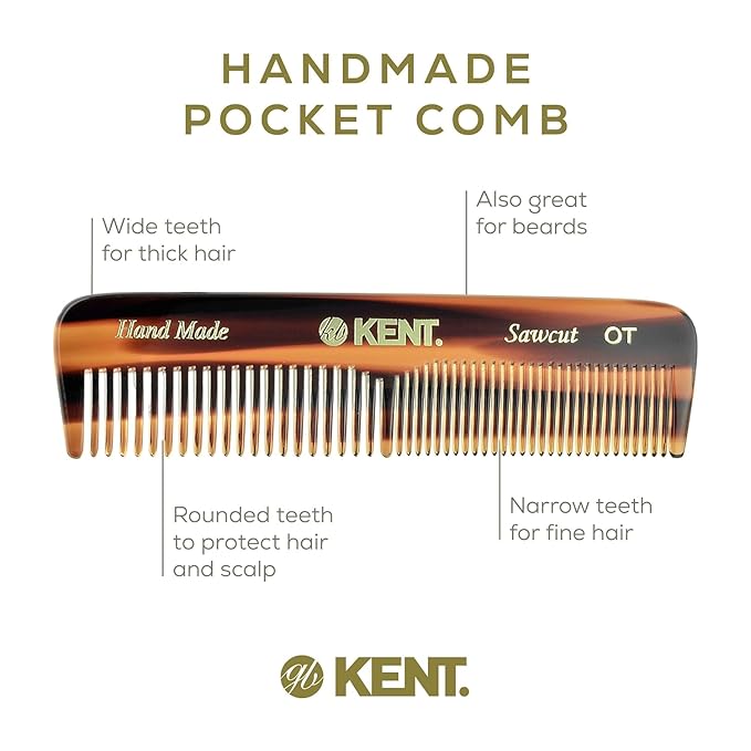 Kent OT Pocket Comb Black and Tortoise - Handmade Fine and Wide Tooth Hair Comb for Men, Women, and Kids - Travel, Beard, and Mustache Comb - Saw Cut and Hand Polished Made in England