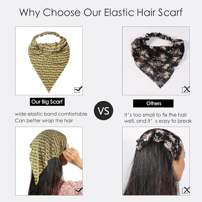 6 Pack Hair Scarf Headband for Women Elastic Bandana Head Scarf Large Boho Triangle Kerchief with Clips Non Slip Scarves