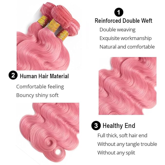 Pink Body Wave Bundles Human Hair Light Pink Bundles 28 28 28 Inch Niegmeag Unprocessed Peruvian Virgin Remy Hair Extensions