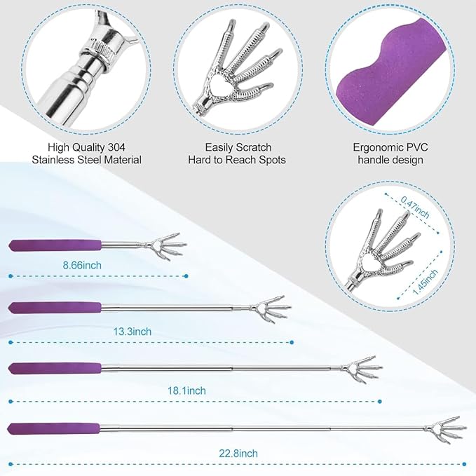 4 Pack Different Back Scratcher Metal Portable Telescoping Tool with Beautiful Box, Extendable Back Massager with Rubber Handles, Gifts for Men Women Kids Adults (Purple)