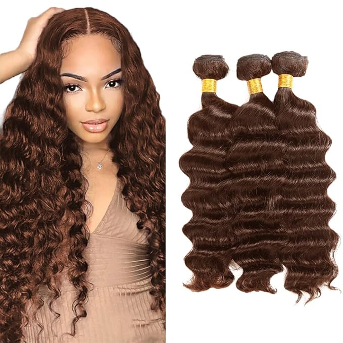 Brown Human Hair Bundle Color 4 Deep Wave Bundles Niegmeag Brazilian Virgin Remy Hair 3 Bundles 14 16 18 Inch Double Weft Dark Brown Bundle Hair Weave