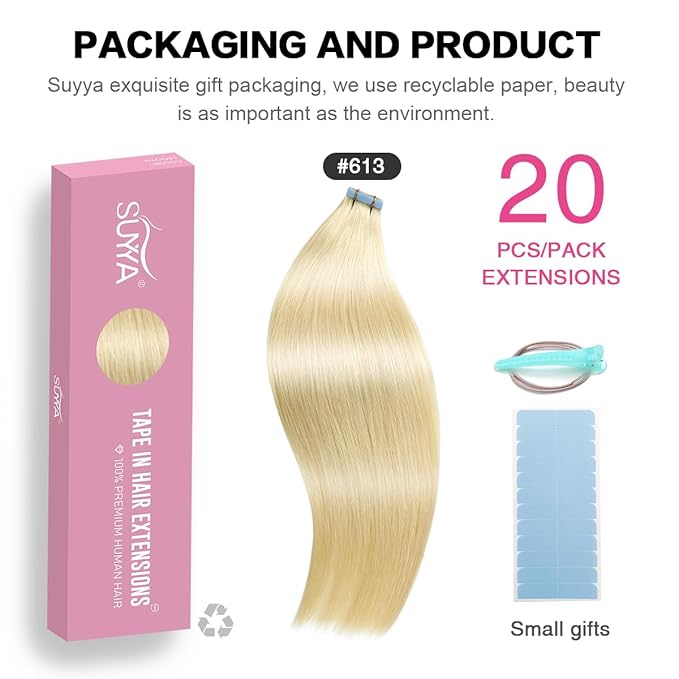SUYYA Tape in Hair Extensions Bleach Blonde 100% Real Human Hair 20 inches 20pcs 50g/pack Straight Seamless Skin Weft Tape in Human Hair Extensions Blonde(20 inches #613 Bleach Blonde)