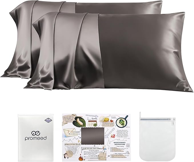 PROMEED 100% Silk Pillowcase 2 Pack, Zipper Closure, 23 Momme 3rd Gen Grade 6A+ Mulberry Silk Pillow Case Set of 2, Real Silk Pillow Cases for Hair and Skin (King 20"x36", Grey)