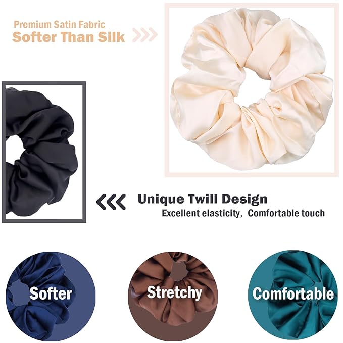 IVARYSS Big Scrunchies for Women Thick Hair, Premium Satin Softer than Silk, XL 6 Inch Extra Large Scrunchy Elastic Hair Bands Accessories, 6 Pack, Neutral