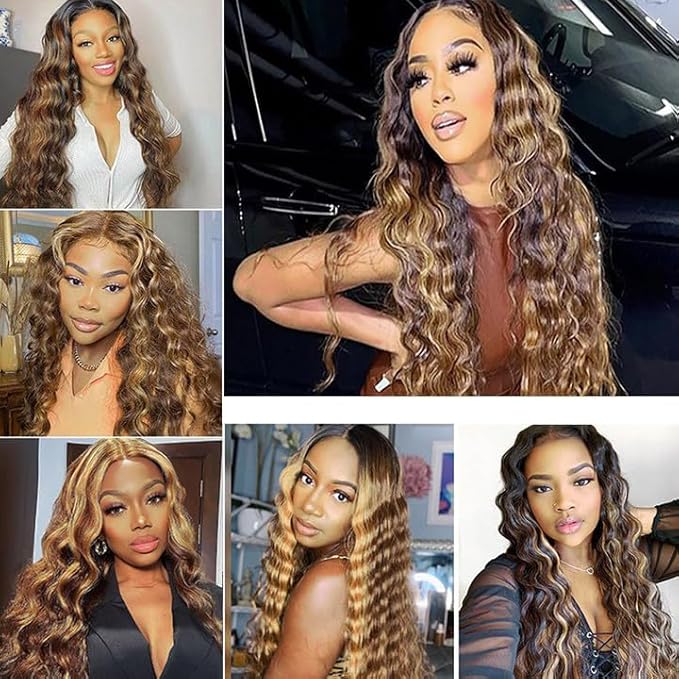 28 30 32 Inch Highlight Bundles Human Hair Blonde Deep Wave Bundle Brazilian Virgin Remy Hair Extensions Niegmeag 2 Tone Black and Honey Blonde Bundle P1B27 Color