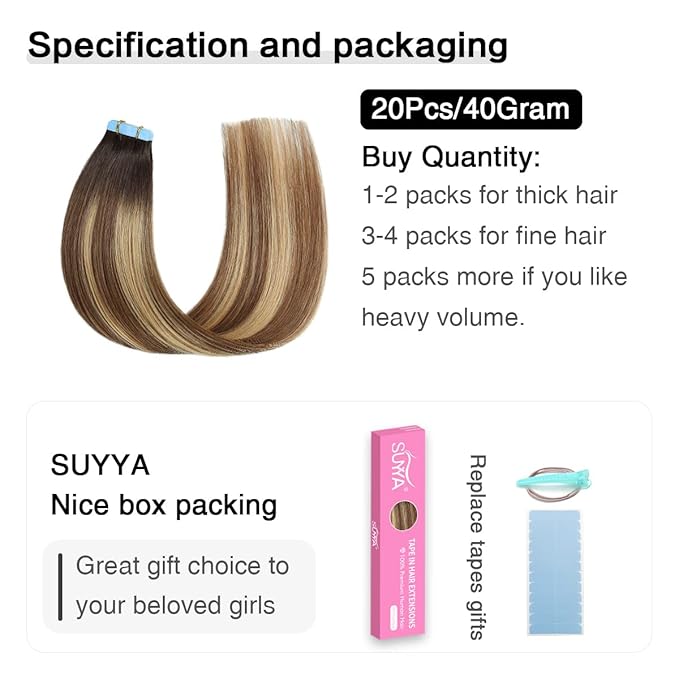 SUYYA Tape in Hair Extensions Human Hair Balayage Darkest Brown to Chestnut Brown and Light Blonde 40g/pack 20pcs Straight Seamless Skin Weft Tape in Real Human Hair Extensions(16inch #P6/16/T2)