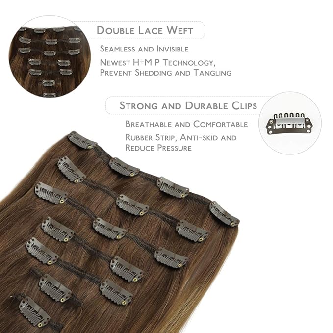 WENNALIFE Clip in Hair Extensions Real Human Hair, 16 Inch 120g 7pcs Balayage Chocolate Brown to Caramel Blonde Hair Extensions Clip in Human Hair Remy Clip in Hair Extensions Real Human Hair