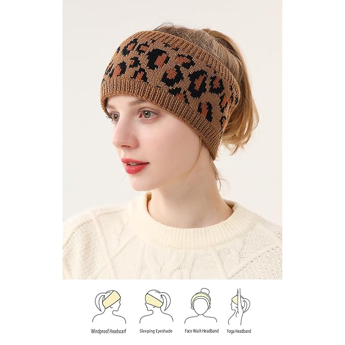 Women Leopard Knit Headband,Warm Sports Headscarf,Soft Stretchy Wide Hair Band,Fashion Accessories for Daily Wear,2PCS Sets