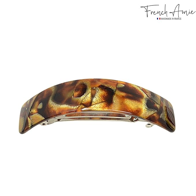 French Amie Curved Amber Brown Large Handmade Strong Grip Celluloid Automatic Hair Clip Barrette