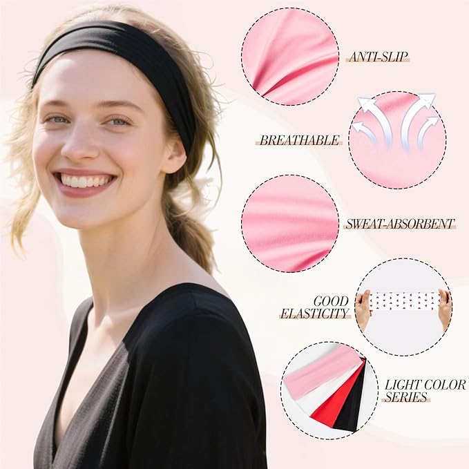 4PCS Floral Headbands for Women Trendy Wide Head Bands for Women's Hair Non Slip Wraps Elastic Stretchy Bandanas Workout Hair Bands Fashion Hair Accessories Birthday Gifts for Valentines Pink