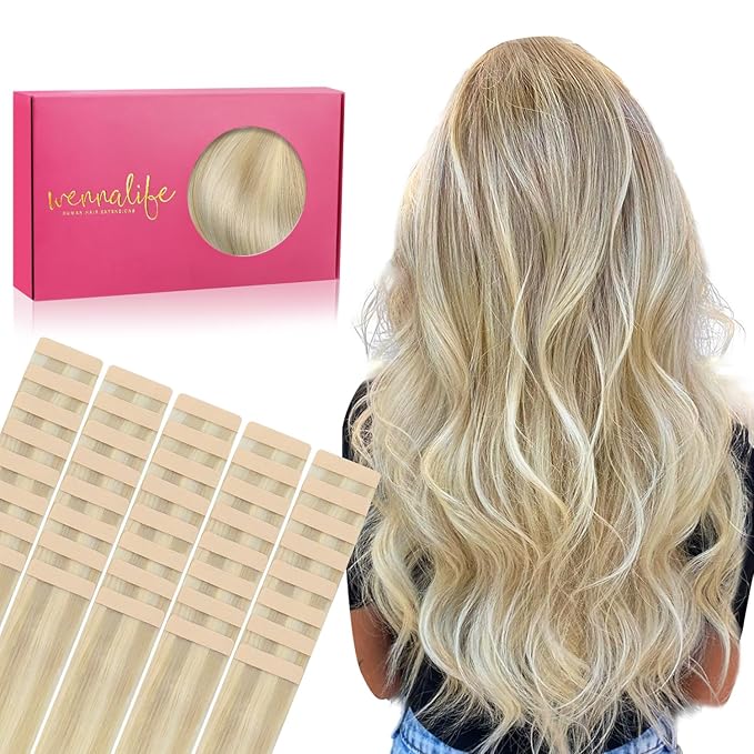 WENNALIFE Tape in Hair Extensions Human Hair, 40pcs 100g 16 inch Ombre Ash Blonde to Golden Blonde Balayage Platinum Blonde Hair Extensions Real Human Hair Invisible Straight Tape in Extensions