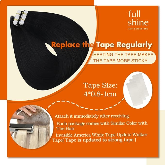 Full Shine Tape in Hair Extensions Real Human Hair 16Inch Remy Seamless Invisible Tape in Extensions Jet Black Color 1 Straight Human Hair Extension for Women 50G 20Pcs Add Volume Double Sided Natural
