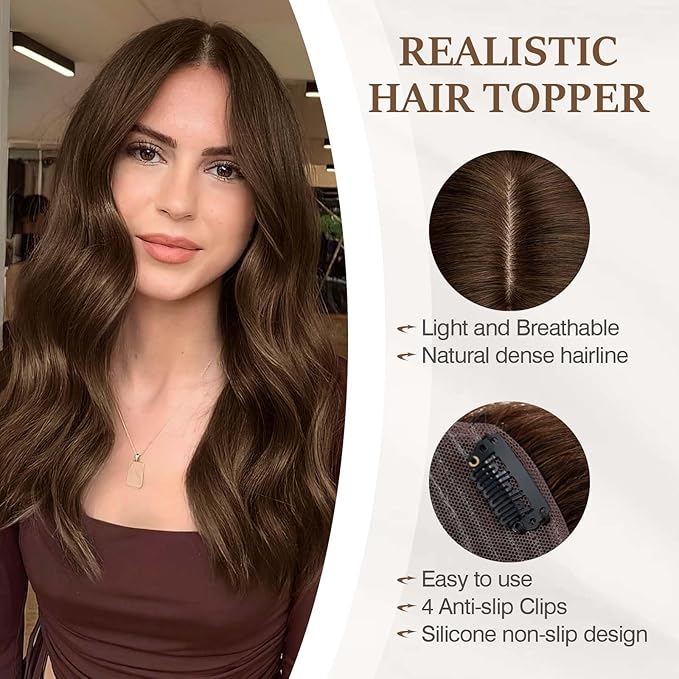 Rich Choices Hair Toppers for Women Real Human Hair 100% Human Remy Toppers NO Bangs for Women with Thinning on Top Clip in Hairpiece 4"x4.7"Lace Base 10 Inch #4 Medium Brown