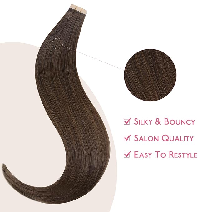 WENNALIFE Tape in Hair Extensions Human Hair Chocolate Brown Tape in Extensions, 10pcs 30g 22 inch Remy Invisible Tape Ins Straight Soft Real Human Hair Tape in Extensions Refill Set Extensions