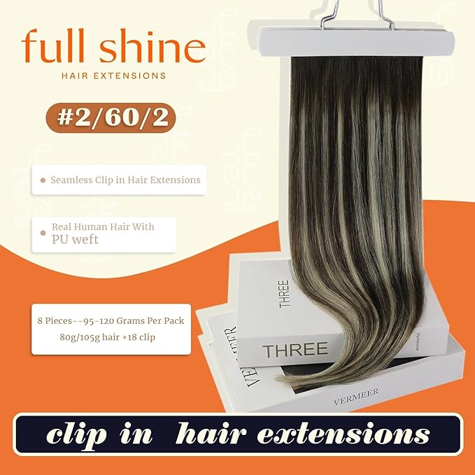 Full Shine Real Hair Extensions Clip in Human Hair Dark Brown to Platinum Blonde Seamless Clip ins Human Hair for Short Hair Washability 12 Inch 8 PCS 95 G