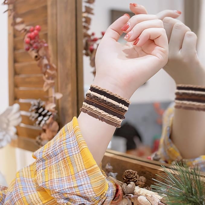 20 PCS Boho Hair Ties, Bracelets Hair Ties for Thick or Thin Hair, 4 Styles Boho Ties for Ponytail Holders, 2.36’’ Hair Ties No-Damage, Chirstmas Gifts, Brown