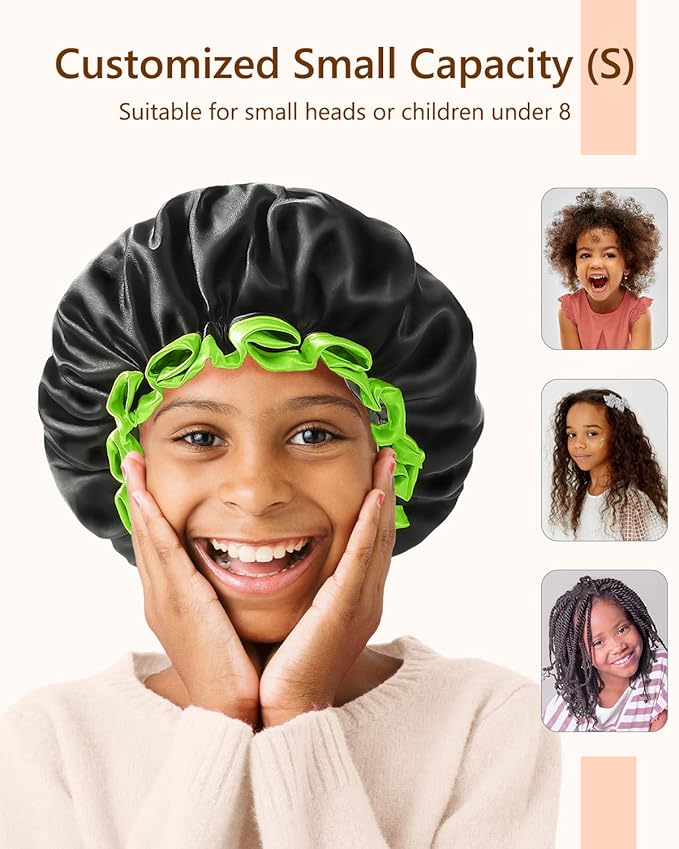 mikimini Black Shower Caps for Small Child 2 Packs, Double Layers Waterproof Bathing Hair Cap with Reusable Soft Comfortable PEVA Lining, Cute, non-fading & Stretchy Shower Hat