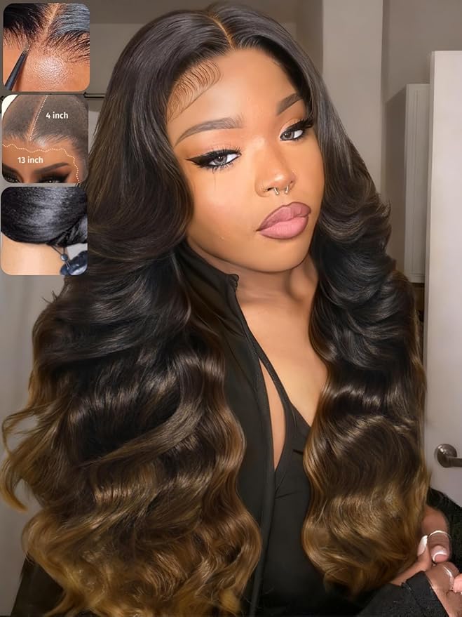 KLAIYI Ombre Brown Loose Body Wave 13x4Pre Everything Lace Frontal Chestnut Brown Drawstring Wig with Face Framing Layers Precut Lace Pre Plucked Bleached Bye Bye Knots Ready to Wear and Go Wig 26Inch