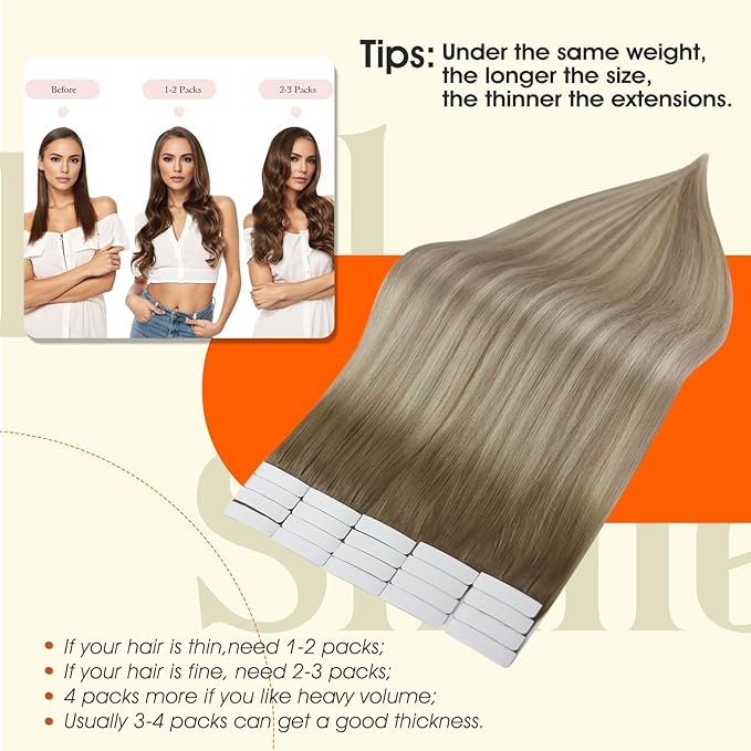 Full Shine Tape in Extensions Human Hair 20Inch Tape in Hair Extensions Balayage Color 8 Ash Brown Ombre 18 Ash Blonde And 60 Platinum Blonde Human Hair Extension 50G 20pcs Seamless Skin Weft Tape ins