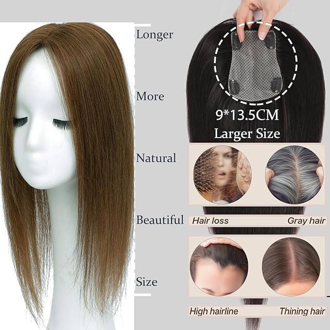 Hair Toppers for Women Real Human Hair, 360° 3D Human for Women with Thinning Hair Upgrade Middle Part Clip in Bangs Pieces Daily (Light Brown, 18 Inch-3D-Side)