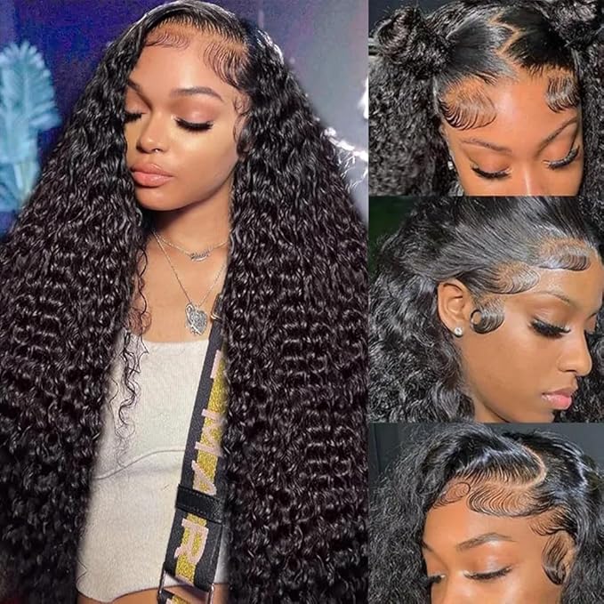 Aomllute 34 Inch Lace Front Wig Human Hair Pre Plucked 200 Density 13x4 HD Deep Wave Lace Frontal Wigs Human Hair with Baby Hair Curly lace front Wigs for Women Natural Black