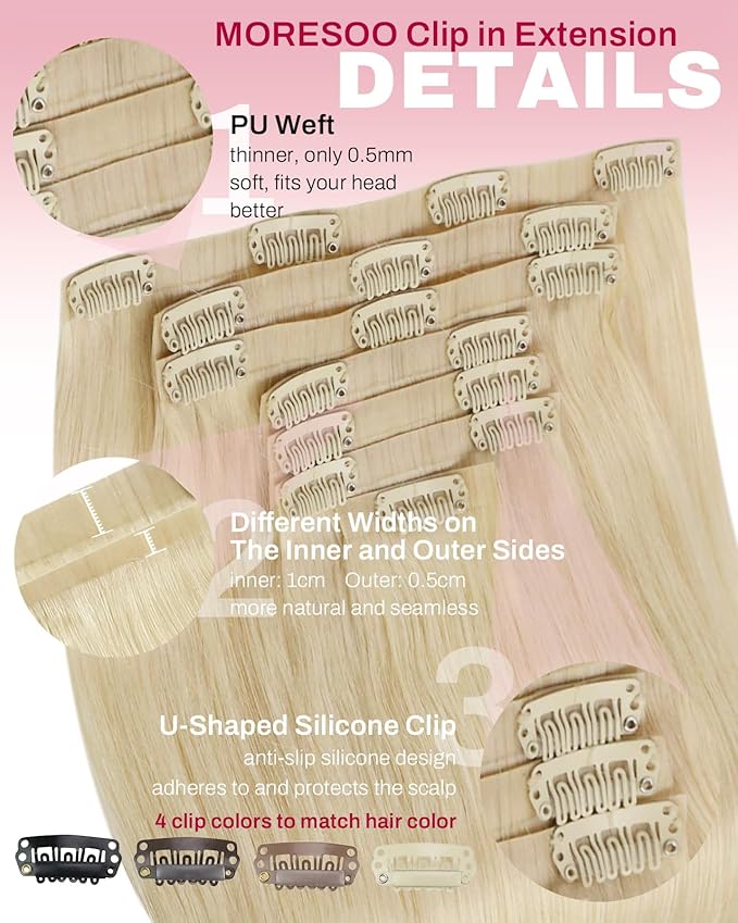 Moresoo Seamless Clip in Hair Extensions Human Hair Blonde PU Seamless Invisible Clip in Human Hair Extensions Golden Platinum Blonde #60 7pcs/120g 22inch
