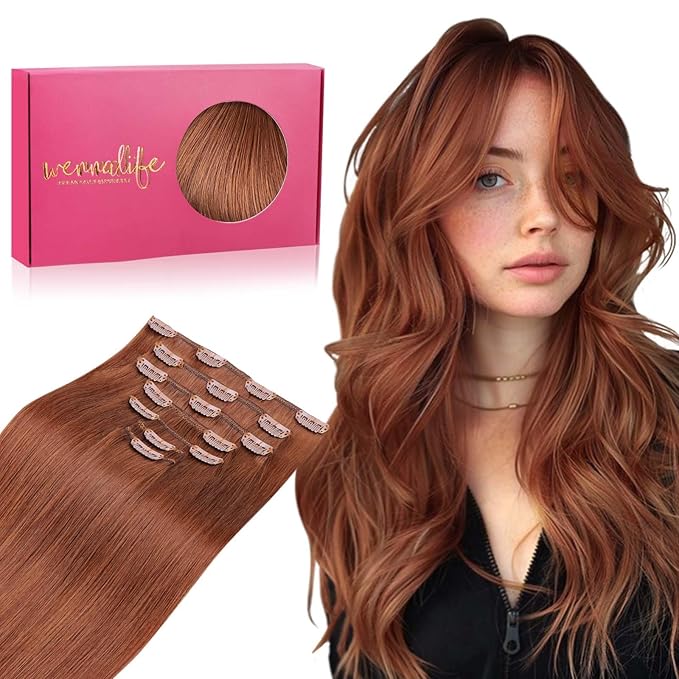 WENNALIFE Clip in Hair Extensions Real Human Hair, 20 Inch 120g 7pcs Clip in Hair Extensions Real Human Hair, Dark Auburn Copper Human Hair Clip in Extensions Remy Human Hair Extensions Clip Ins